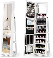 Giantex 360° Swivel Jewelry Armoire, Standing Jewelry Organizer with Full Length Mirror & Back Shelves, Built-in Makeup Mirror for Bedroom, Cloakroom (White)