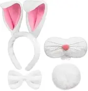 Bunny Costume Set, Includes White Plush Bunny Ears Headband, Bowtie, Nose, Bunny Tail for Women Adults and Kids, Bunny Dress up Accessories for Halloween Party Supplies