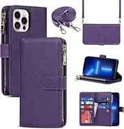Cavor for iPhone 13 Pro Case 6.1 inch PU Leather Folio Flip Wallet Back Cover Magnetic Case with Long Shoulder Lanyard Zipper Coin Purse 9 Card Holder Kickstand Wristlet Strap-Purple