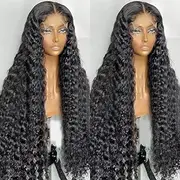 Front lace wig, water wave pre drawn 13x4 high-definition lace front wig, curly lace front wig, suitable for women (Black, 28 Inch)