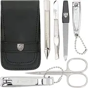3 Swords Germany - brand quality 5 piece manicure pedicure grooming kit set for professional finger & toe nail care scissors clipper genuine leather case in gift box, Made in Solingen Germany (71103)