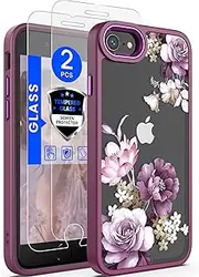 Dretal for iPhone SE 2022/2020 Case,iPhone 8/7 Case,with Tempered Glass Screen Protector Military Grade Drop Tested Hard Back & Soft Edge Slim Flower Women Girls Phone Protective Cover (Purple)