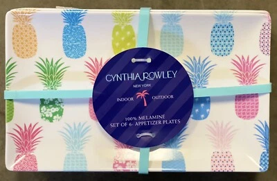 Cynthia Rowley Pink Blue Pineapple Appetizer Plates / Dessert Plates Set 6