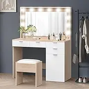 ALFORDSON Dressing Makeup Table & Stool Set, Vanity Desk with Mirror 12 LED Light Bulbs in Adjustable 3-Colour, Jewellery Dresser Organiser with Drawers for Bedroom Dressing Room, Wood White