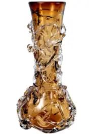 ION TAMAIAN Art Glass Amber Hand Blown Painted Bottleneck Vase Fused Romania New