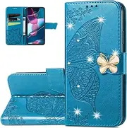 [Monwutong] Wallet Case for Motorola Edge 30 Pro,3D Butterfly Pattern PU Leather Case with Strong Magnetic Clasp and Cash Card Slots Holder Cover for Moto Edge 30 Pro HZD Rhinestone Blue