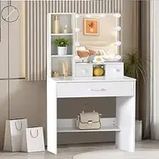 Umeiga Vanity Desk, Makeup Vanity Table with Lighted Mirror & 3 Lighting Color, Make Up Desk Bedroom Furniture Dressing Table with 10 Lights Bulbs and Drawers, Small