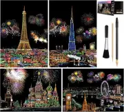 Rainbow Scratch Art Painting Paper (A4) for Adult & Kids, Fireworks City