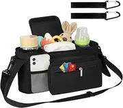Universal Stroller Organizer with Insulated Cup Holder Detachable Phone Bag and Shoulder Strap,Stroller Bag Caddy Organizer Accessories Fits for Uppababy, Baby Jogger, Britax Strollers