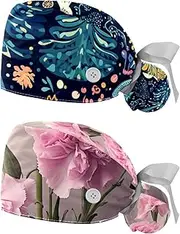 [YTYVAGT] 2-Pc,Nurse Scrub Caps,Scrub Hats with Buttons and Cotton Sweatband,Candy Decorative Cartoon Snowflakes