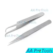 2 PC Eyelash Extension Tweezers Strong Curved & Straight Stainless Steel Set