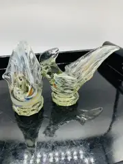 pair of footed art glass pheasant bird figurines long tail
