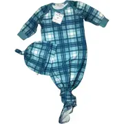 Little Millie Blue Green Plaid Baby Sleep Gown + Knot Hat One Size Silky Soft