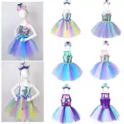 Kids Girls Halloween Mesh Tutu Dress Mermaid Shiny Skirts+Headband Party Outfits