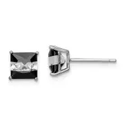 Sterling Silver Rh-Plated Black & White Square 6mm Cz Stud Earrings