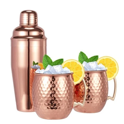 Moscow Mule Mugs Set of 3-Hammered Drinking Cup with 24oz Cocktail Shaker-Great