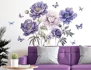 3D Large Purple Flowers Butterflies Leaf Wall Stickers Removable Peel and Stick Watercolor Flower Wall Decals DIY Butterfly Flower Wall Art Decor for Girls Living Room Nursery Sofa TV Wall Decoration
