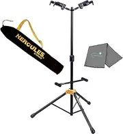 Lumintrail Hercules GS422B PLUS Double Guitar Stand, Auto Grip System, Foldable Backrest, Fits Guitar Neck Sizes 1.57” - 2.05”, with Hercules Carrying Bag GSB001, and a Cleaning Cloth