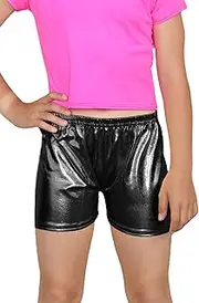 [Janisramone] Girls Metallic Hot Pants Kids Plain Skinny Shiny Disco Shorts Wet Look Dance Wear Party Pants