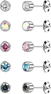[Kakonia] 5 Pairs G23 Titanium Stud Earrings for Women Men Titan Earring Hypoallergenic Surgical Steel CZ Cartilage Earrings Cubic Zirconia Sleeper Studs 3/4/5mm with Jewelry Box