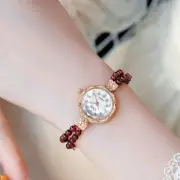 Elegant Women's Pearl Strap Watch with Red and White Chain Accents