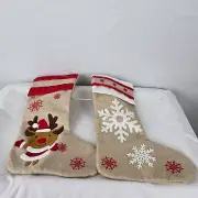 Burlap Christmas Stockings Reindeer & Snow Flake NWOT Set of 2