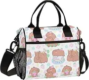 Lunch Bag for Women Cartoon Capybaras Insulated Lunch Box Strawberries Flowers Kids Tote Bag for Office School M