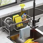 Multi-Functional Sink Caddy,Sink Organiser with Drip Tray 45° Inclined,Movable Storage Sink Caddy Organizer with Cleaning Towel Rod for Sponge,Rags,Dish Brushes,Detergent and Soap Storage