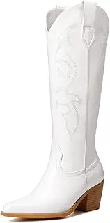 [Platikly] Cowboy Boots for Women - Embroidered Western Cowgirl Boot, Knee High Wide Calf Tall Boots, Almond Pointed Toe Rubber Chunky Heel Fashion Classic Pull On for Ladies