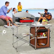CostwayFolding Camping Table with Storage &amp; Windscreen for BBQ &amp; Party-Coffee