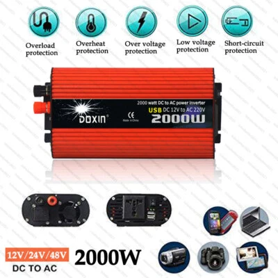 2000W 12/24/48V DC To 220V Wind Turbines Car Converter Dual USB Power Inverter