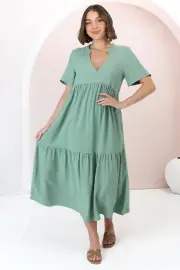 Malyn Midi Dress - Mandarin Collar Tiered Short Sleeve Dress in Green
