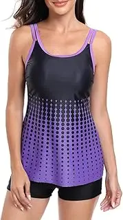 [Wellwits] Women's Polka Dots Double Strap Athletic Sports Tankini Set Swimsuit