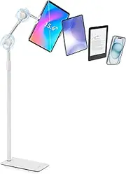 SHUWEI Tablet Floor Stand with Double Self-Locking Worm Gears, 70.9”Height Adjustable iPad Floor Stand with 7.5lb Stable Base, Compatible with 4-15.6'' iPad, Kindle, Phone, Portable Monitor (White)