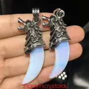 2pcs Synthetic Opalite Wolf Teeth Pendant Quartz Crystal Skull Carved ReikiGem