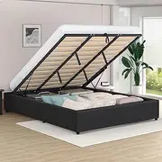 ALFORDSON Bed Frame Base with Gas Lift Storage King Size Wilbur Series Without BedHead, Mattress Topper Platform Foundation with Linen Fabric Upholstery for Bedroom, Fabric Charcoal