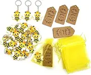 JZK 25x Bee themed party favours, bee keyring keychains with yellow confetti bags and gift tags set, kids birthday party bag fillers giveaways thankyou gift, bumble bee theme party decorations, 78653