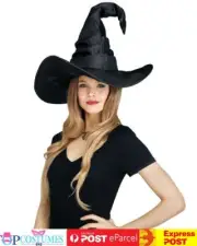 Deluxe Black Curved Witch Hat Wizard Halloween Costume Accessory