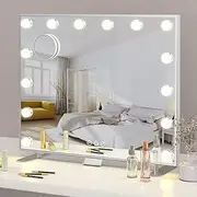 ADDCOLOR Hollywood Vanity Mirror with Lights, Makeup Mirror with USB Charging Port, Phone Holder, 14 LED Bulbs, 3 Adjustable Lighting Modes Table Mirror (60 x18 x 52.3 cm)
