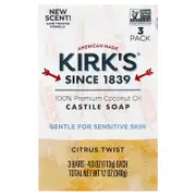 Kirk's, 100% Premium Coconut Oil Castile Bar Soap, Citrus Twist, 3 Bars, 4 oz (113 g) Each