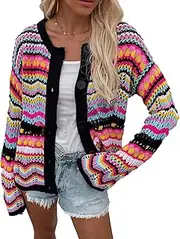 [Generic] Ladies Crochet Pattern Cardigan - Casual Long Sleeve Knitted Jacket with Front Buttons