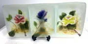 3 Part Divided Glass Candy Chip N Dip Dish Tray Decorative Hand Painted Flowers