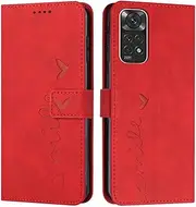 Skin feel love heart phone shell Compatible with Xiaomi Redmi Note 11 11 Pro Global Leather Case Lanyard Wallet Clip shockproof Phone Cases Covers (Redmi Note 11 Global,Red)