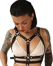 [Generic] Punk Black Leather Chest Harness Body Waist Chain Belt Nightclub Sexy Belly Bra Jewelry Accessory for Women