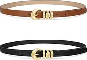 [XZQTIVE] 2 Pack Womens Skinny Leather Belts for Ladies Thin Waist Belt for Jeans Dresses Pants Coats with Fashion Gold Buckle