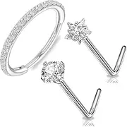 [HZHSGLY] Titanium Nose Ring 3 PCS Set Hypoallergenic Body Piercing, 20G 8mm Nose Hoop and 2 L-Shaped Nose Studs, Helix Piercing Jewellery for Women Men, one size, stainless steel +titanium steel, Cubic