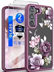 [Dretal] for Samsung Galaxy S22 5G Case Floral, Military Grade Drop Tested Hard Back & Soft Edge Slim Flower Women Girls Phone Protective Cover + Tempered Glass Screen Protector for Galaxy S22 (Purple)