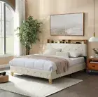 Queen Size Bed Frame, Shelf Upholstered Headboard, Platform Bed with