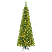 Costway Artificial Pencil Tree Pre-Lit Festival Celebration Tree Full Christmas Decoration Tree w/226 PVC Branch Tips & 150 LED Lights Green