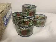 4 Vtg Chinese PLIQUE A JOUR Brass Enamel Glass Cloisonne Peony Napkin Rings